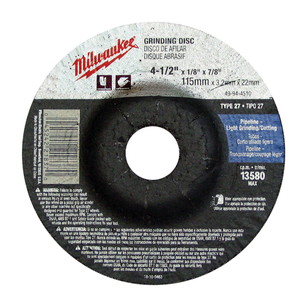Milwaukee 12-inch cut-off wheel with 1/8-inch thickness and 20mm arbor hole, gray abrasive disc with black center.