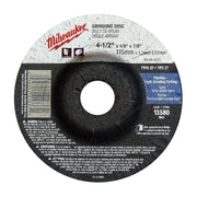 Milwaukee Type 27 grinding disc, 4-1/2 inch diameter with 7/8 inch arbor hole, thin abrasive wheel for cutting.