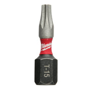 Black and gray Torx T15 insert bit with red Milwaukee band and star logo on shaft.