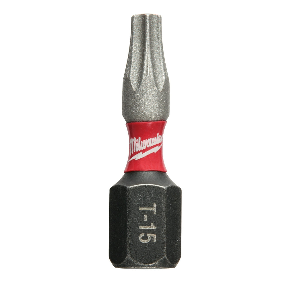 Black and gray Torx T15 insert bit with red Milwaukee band and star logo on shaft.