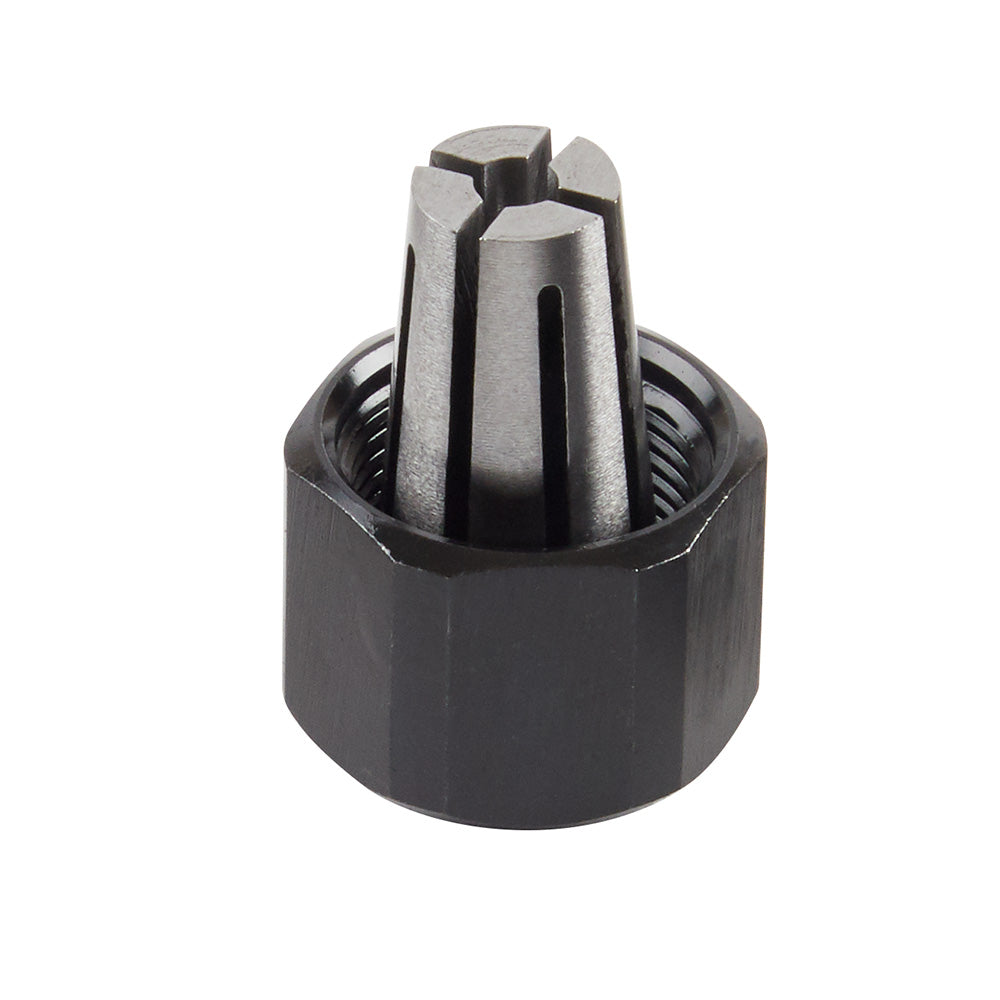 Black nut with three-jaw metal collet insert for 1/8 inch chuck connection.