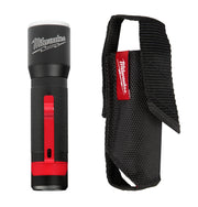 Black LED flashlight with red accents and matching black nylon holster with carrying strap.