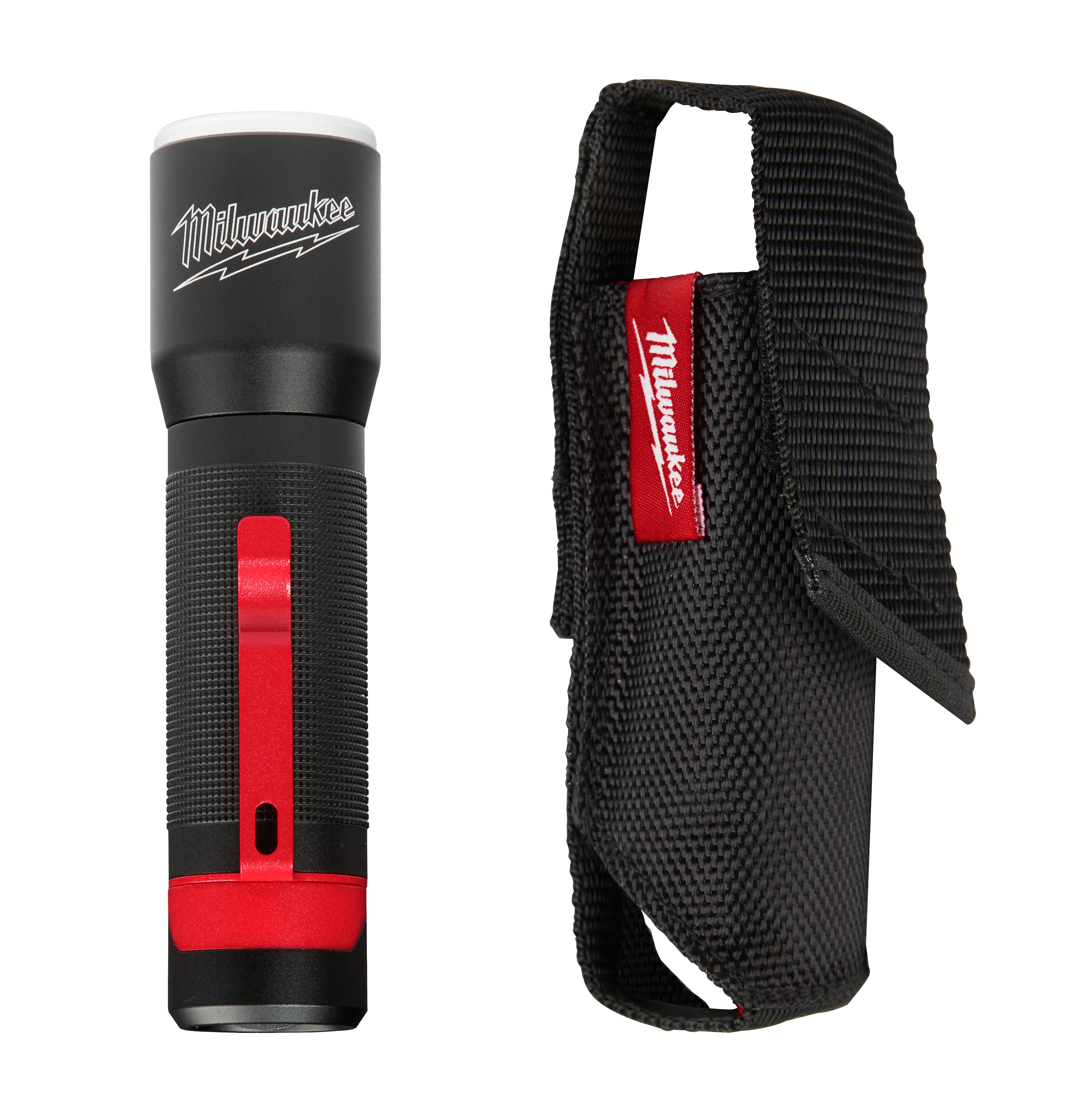 Black LED flashlight with red accents and matching black nylon holster with carrying strap.