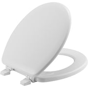 White enameled wood toilet seat with contoured child-sized bowl and adjustable hinges.