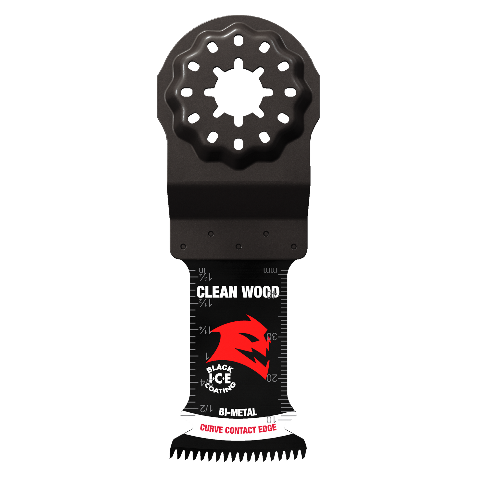 Black bi-metal oscillating saw blade with Starlock connection head, measurement markings, and serrated cutting edge for wood.