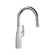 Chrome pull-down kitchen faucet with curved spout and single lever handle.