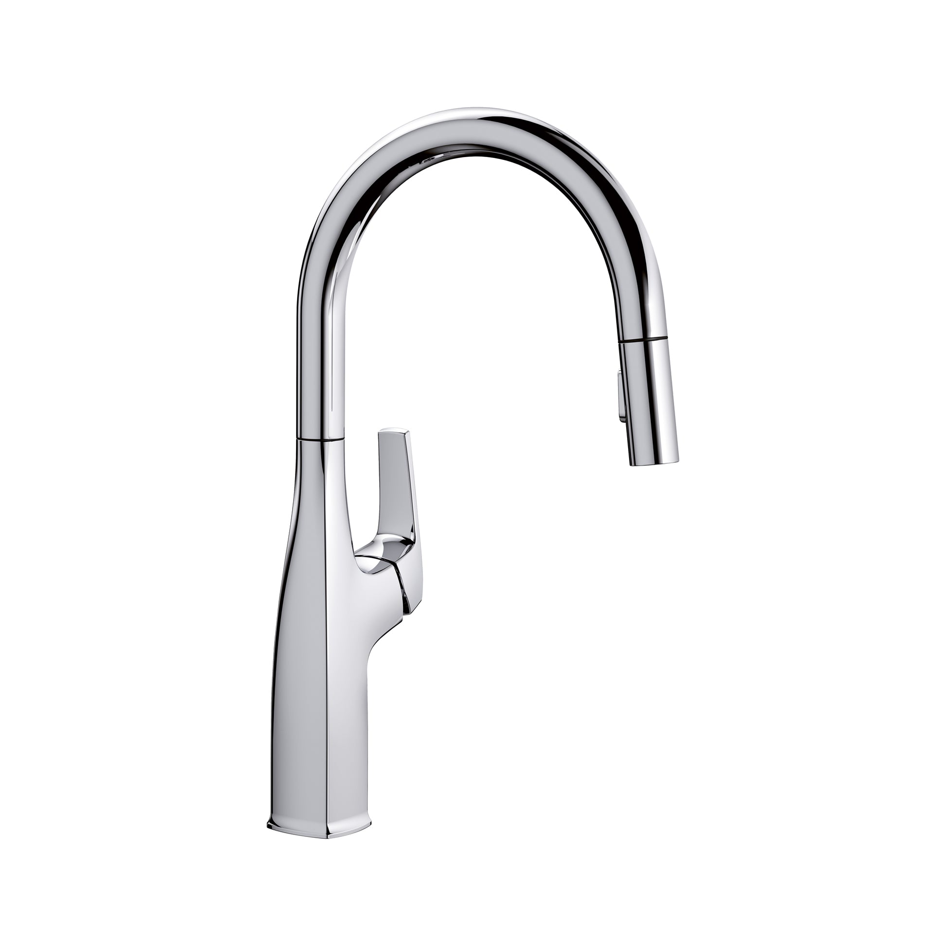 Chrome pull-down kitchen faucet with curved spout and single lever handle.