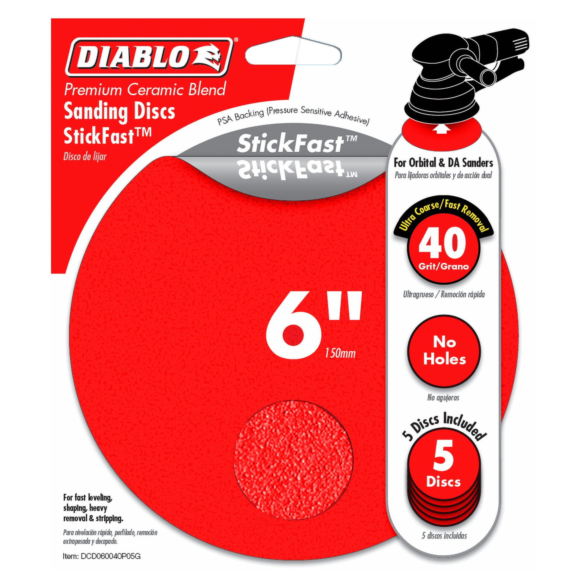 Diablo 6-inch 40-grit red sanding discs with StickFast PSA backing, 5-pack shown on packaging.