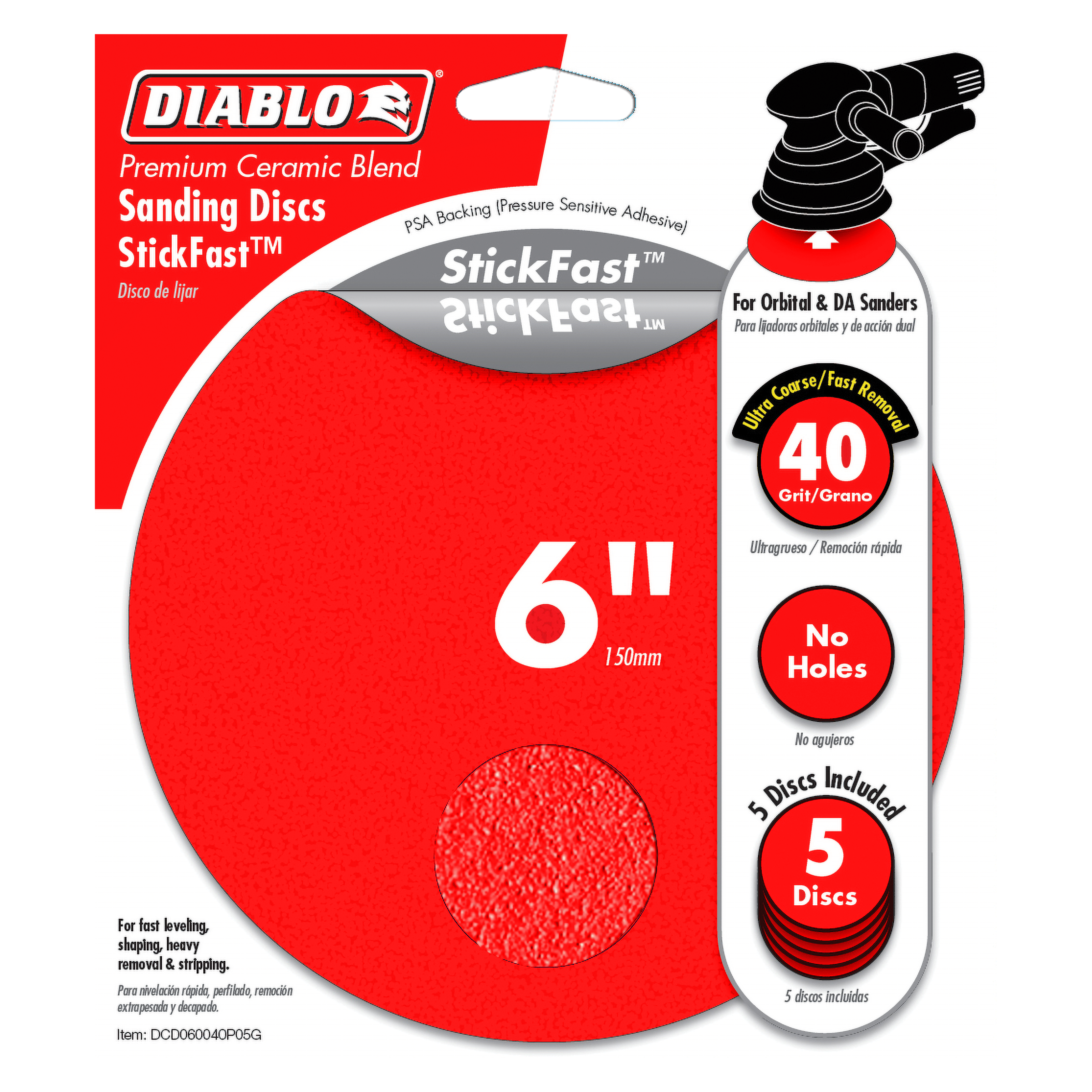Diablo 6-inch 40-grit red sanding discs with StickFast PSA backing, 5-pack shown on packaging.