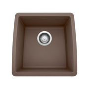 Cafe-colored undermount bar sink with rounded corners and chrome drain strainer, viewed from above.
