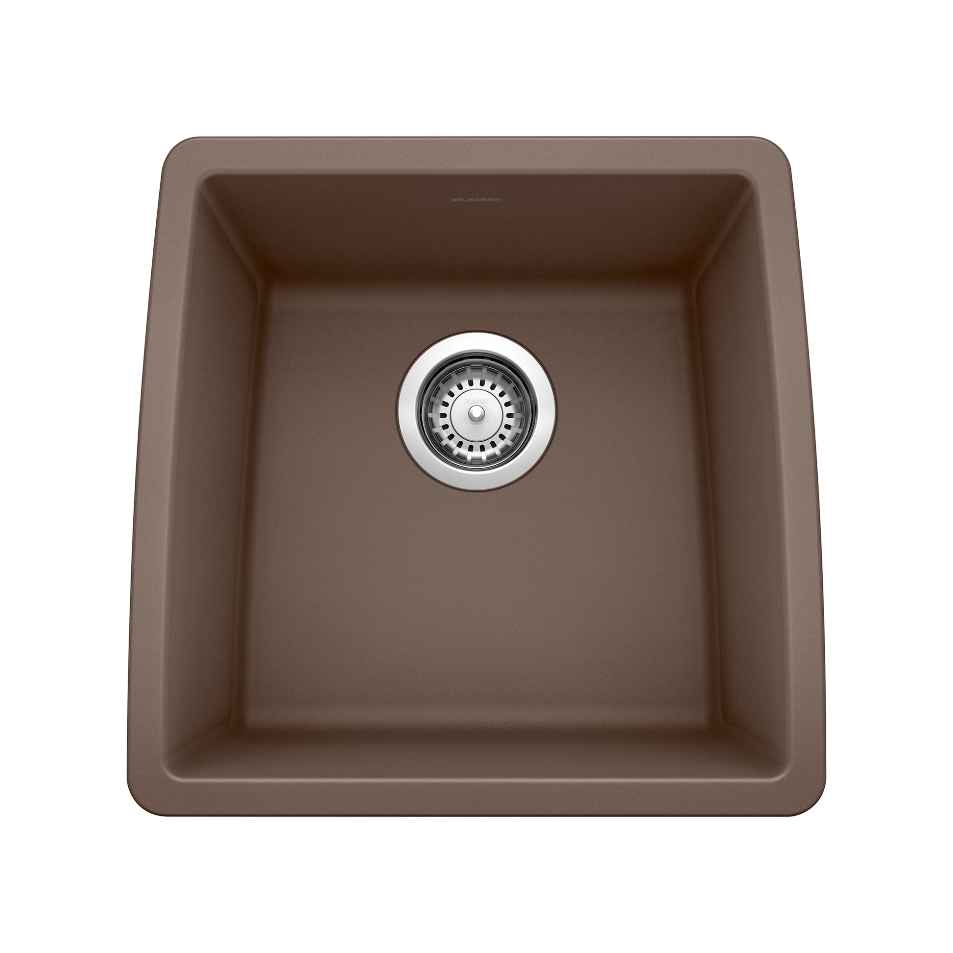 Cafe-colored undermount bar sink with rounded corners and chrome drain strainer, viewed from above.