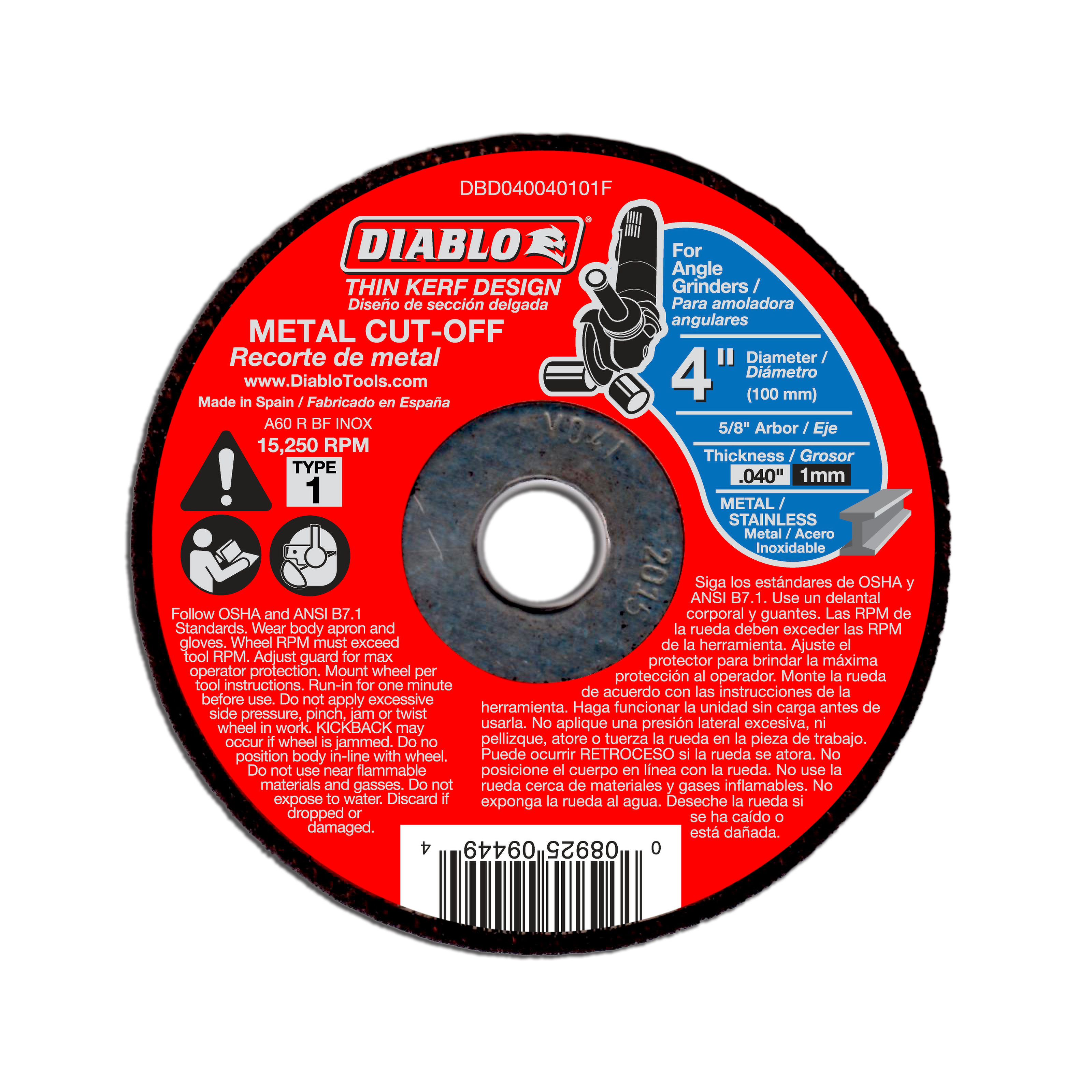 4 inch metal cut-off disc with thin kerf design, black grinding surface with red label showing specifications for angle grind