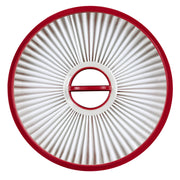 Circular vacuum filter with red outer ring and white pleated filter material, center opening with red divider bar.