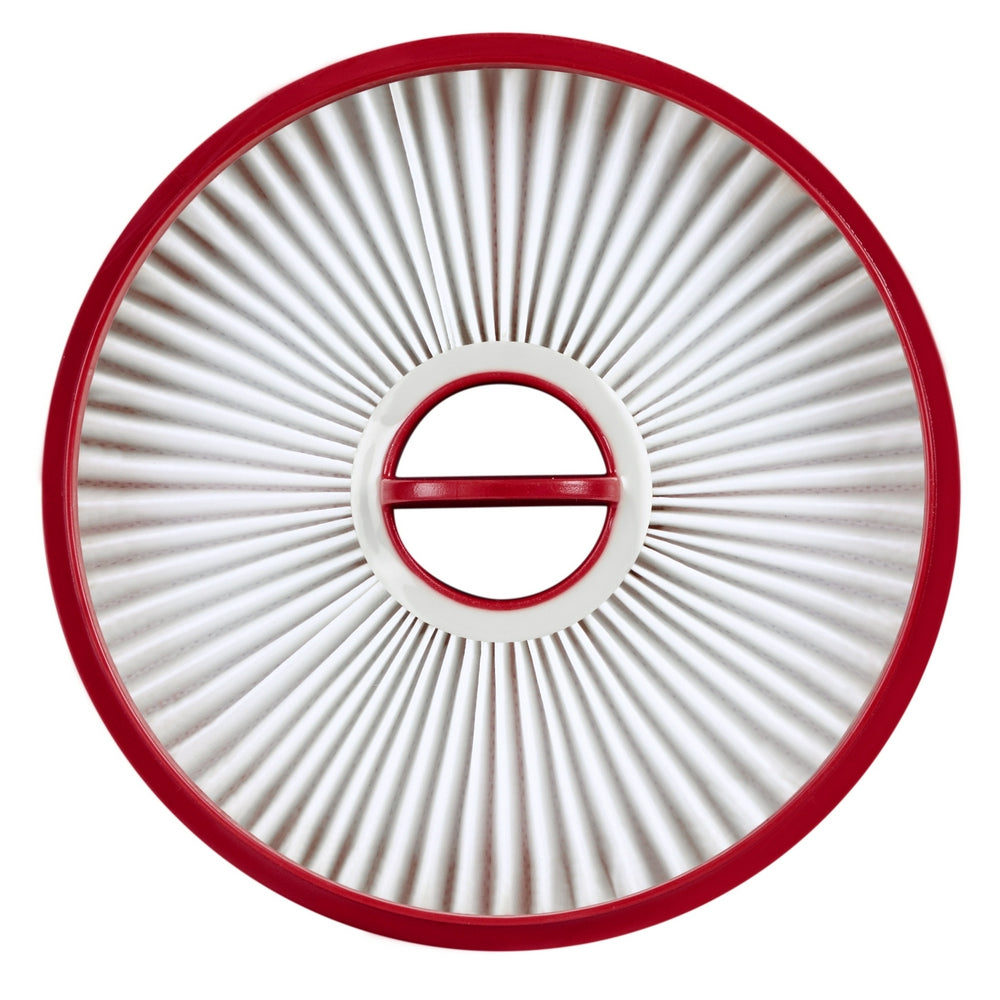 Circular vacuum filter with red outer ring and white pleated filter material, center opening with red divider bar.