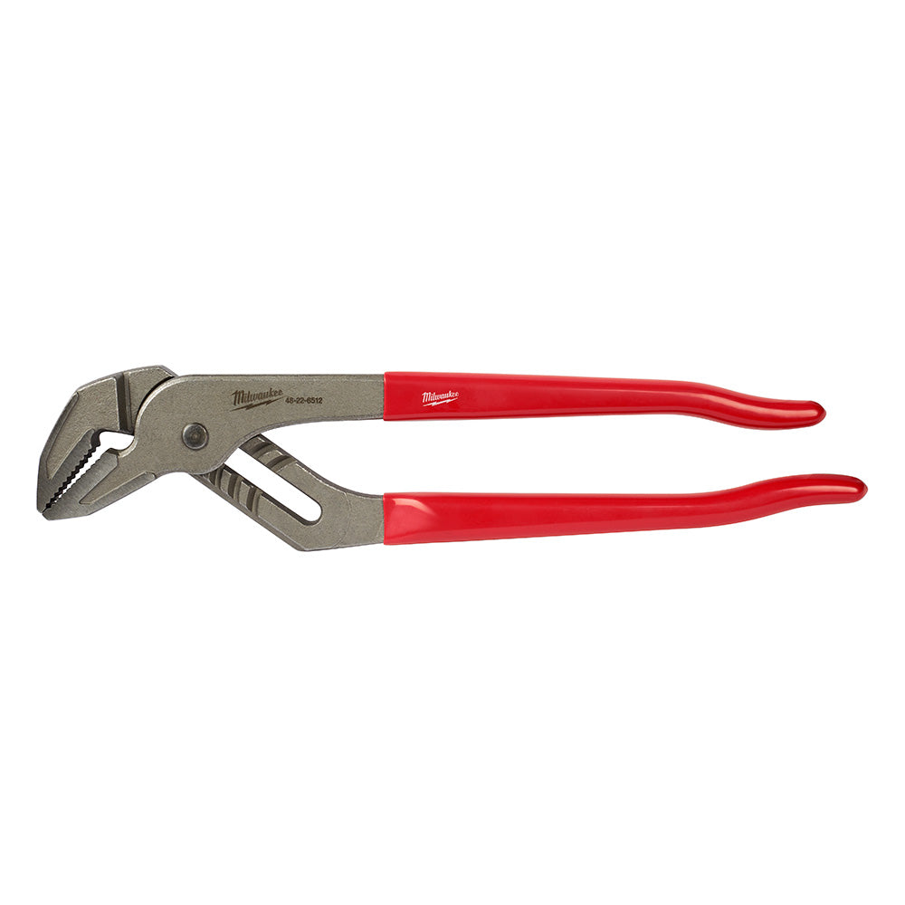 Milwaukee 12-inch pump pliers with gray metal head and red pump-dipped handles.