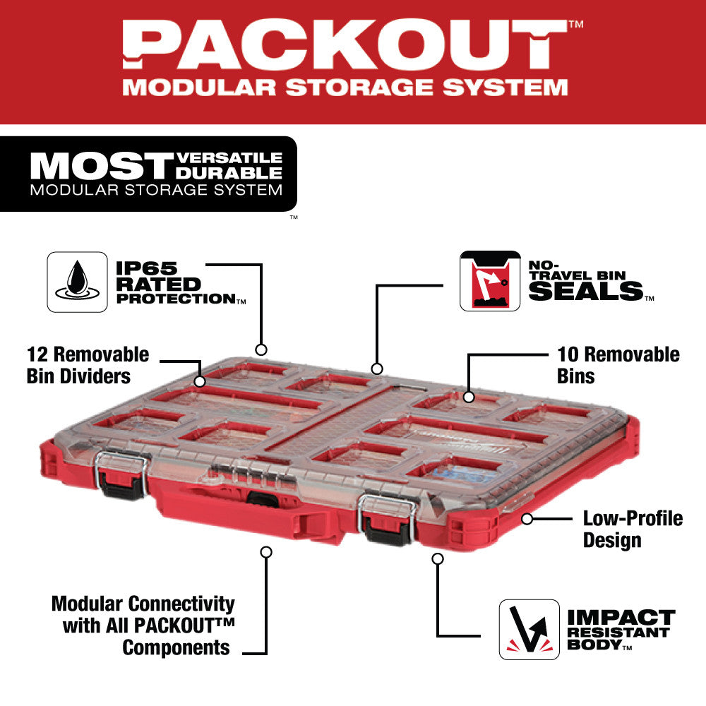 Red low-profile organizer with removable bins and dividers, featuring transparent top compartment and black handles.