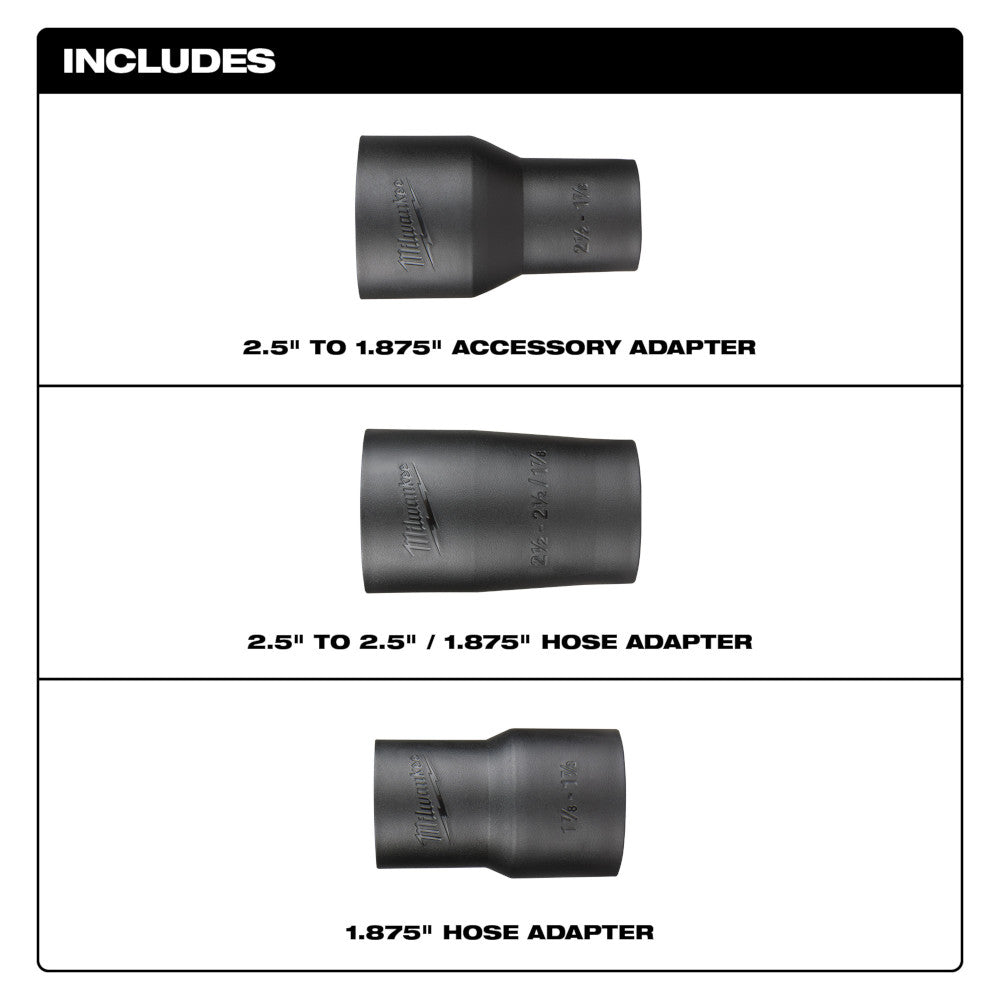 Three black metal hose adapters of varying sizes with Milwaukee branding and size markings.