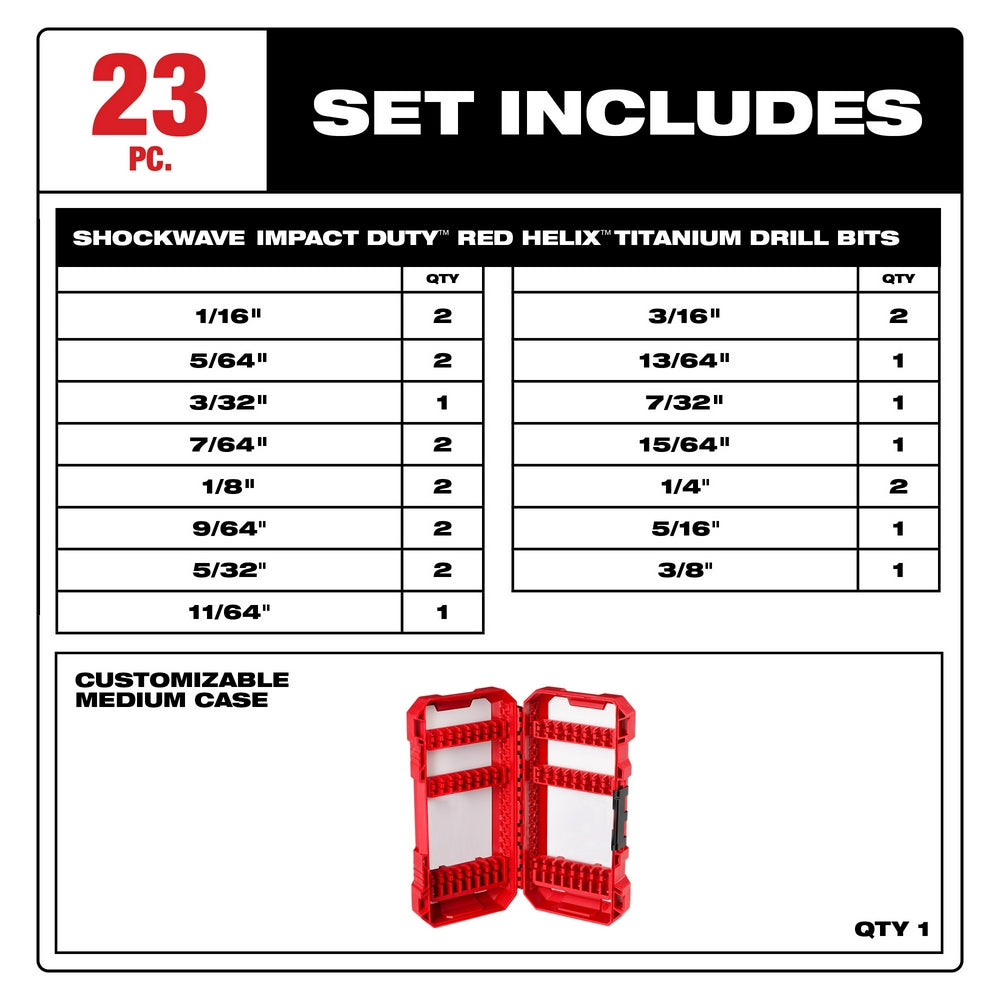 23-piece titanium drill bit set with various sizes ranging from 1/16" to 3/8" and red customizable storage case.