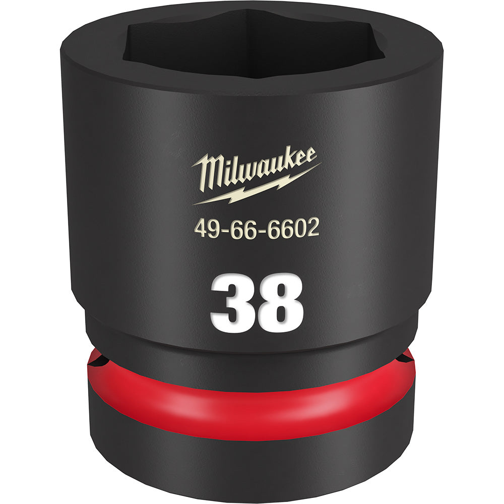 Black Milwaukee 38MM socket with 6-point opening and red grip band, model number 49-66-6602 printed on side.
