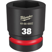 Black Milwaukee 38MM socket with 6-point opening and red grip band, model number 49-66-6602 printed on side.