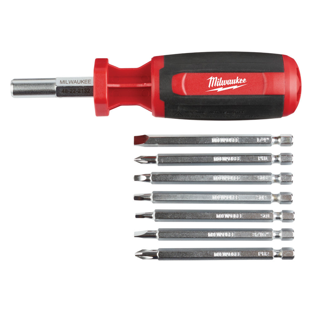 Red and black Milwaukee multi-bit driver with square drive handle and seven interchangeable metal bits displayed below.