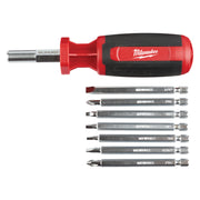 Red and black Milwaukee multi-bit driver with square drive handle and seven interchangeable metal bits displayed below.