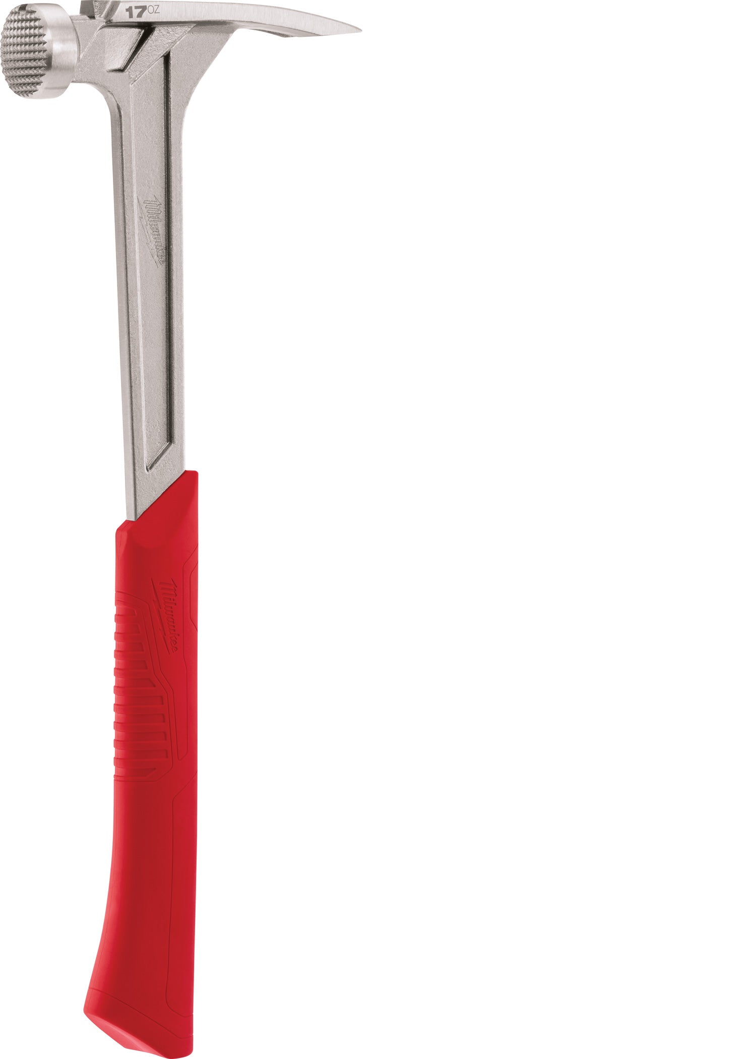 17 oz framing hammer with milled face, nail puller, and red grip handle.