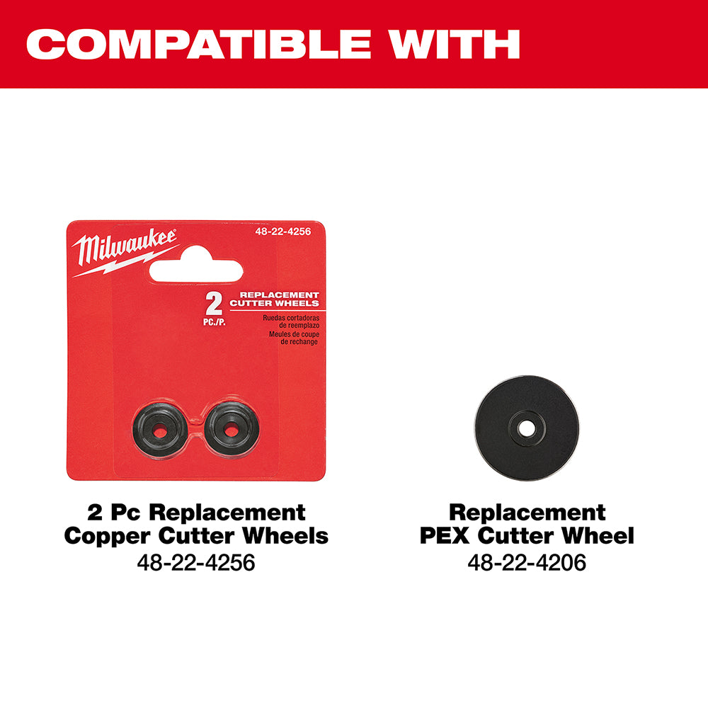 Milwaukee replacement cutter wheels: two-piece copper cutter wheels on red card and one black PEX cutter wheel.