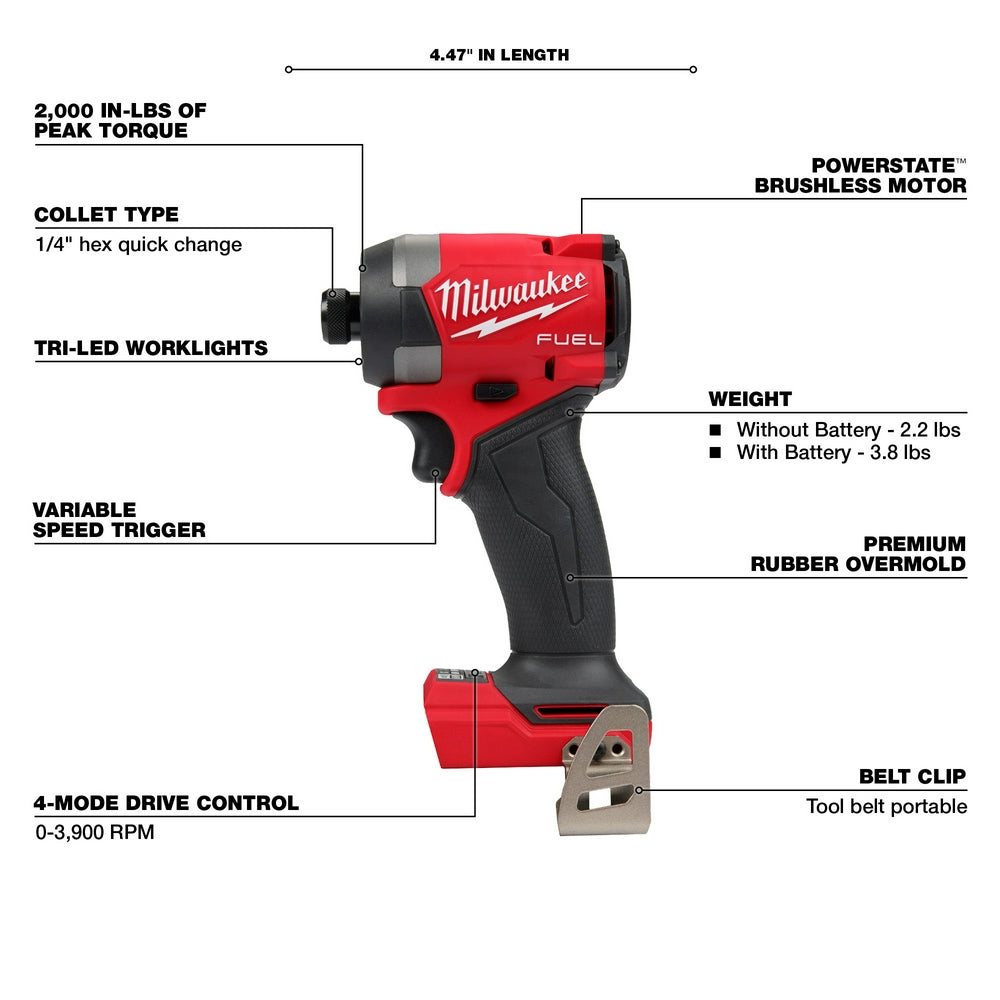 Milwaukee M18 FUEL red and black brushless impact driver with 1/4" hex quick change collet and tri-LED worklights.