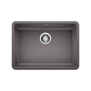 Dark gray undermount kitchen sink with single basin and chrome drain strainer viewed from above.