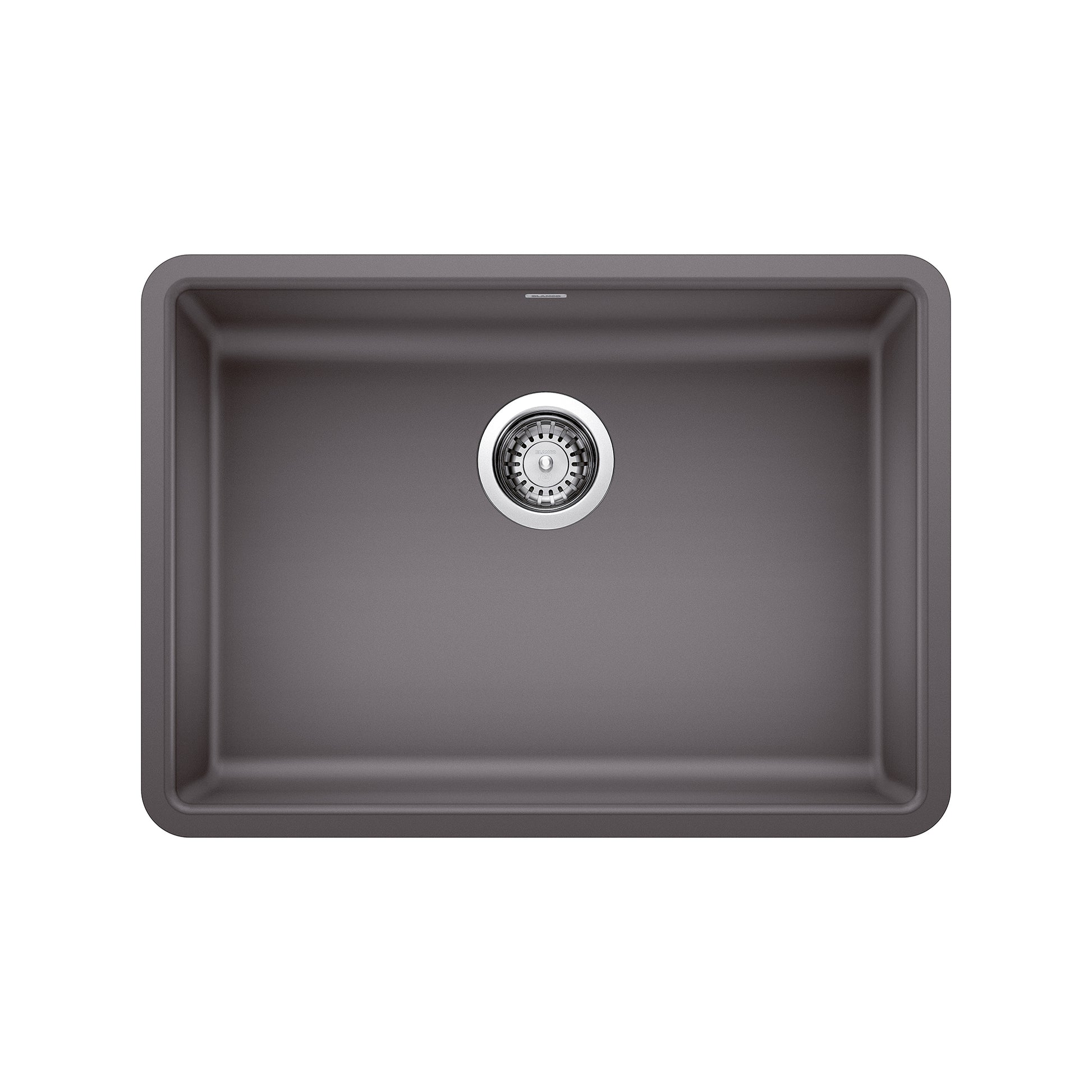 Dark gray undermount kitchen sink with single basin and chrome drain strainer viewed from above.