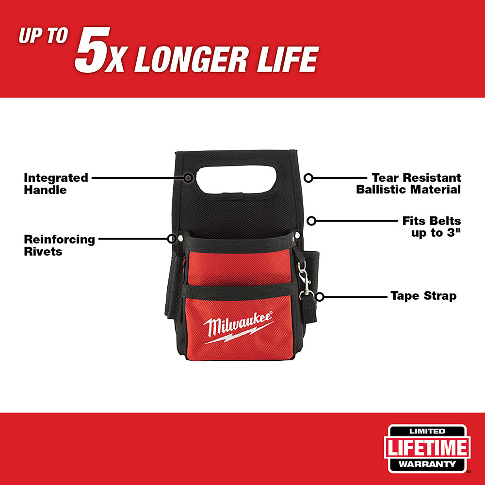 Milwaukee compact work pouch with red nylon pockets, black ballistic material, integrated handle, and belt attachment strap.