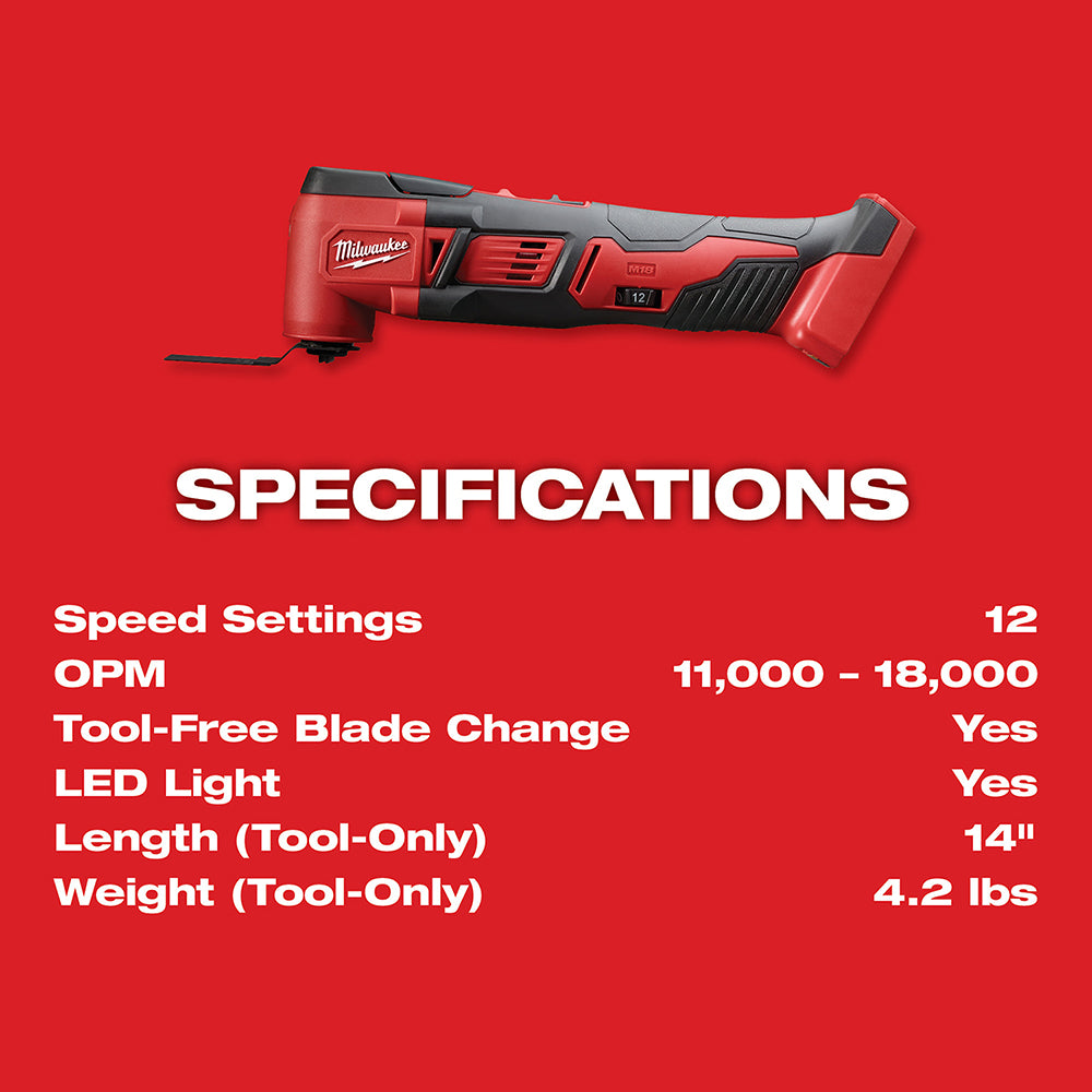 Milwaukee M18 red and black multi-tool with variable speed control and tool-free blade change system.