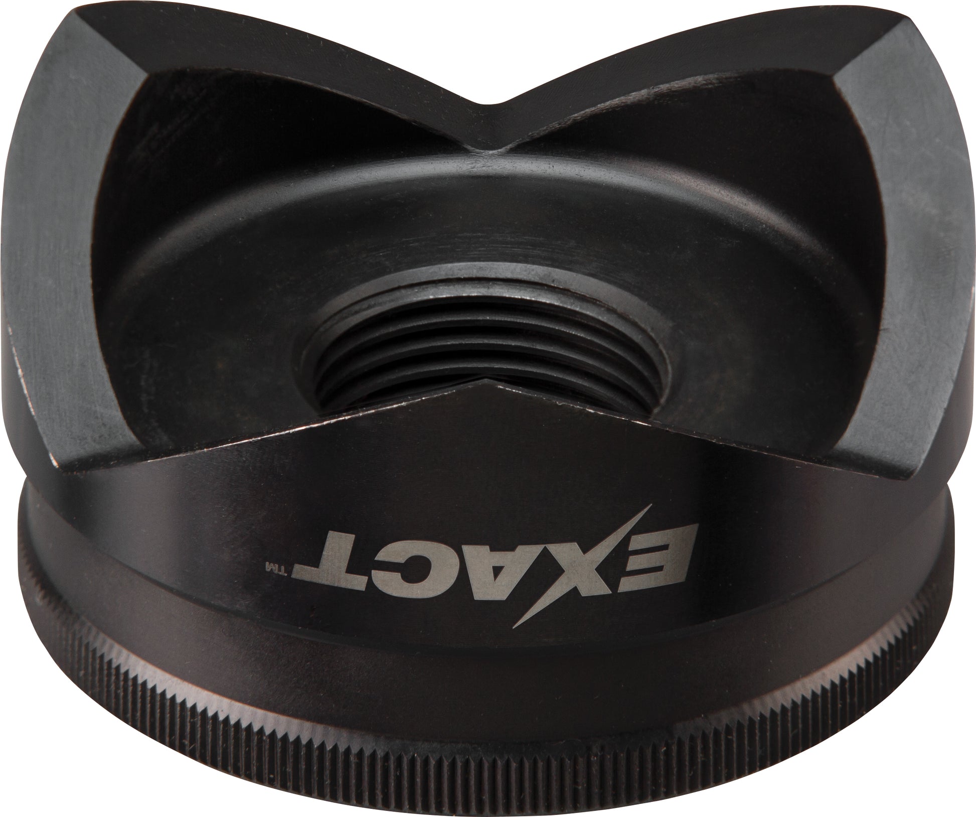 Black metal punch tool with threaded center hole and Milwaukee EXACT branding on cylindrical base.