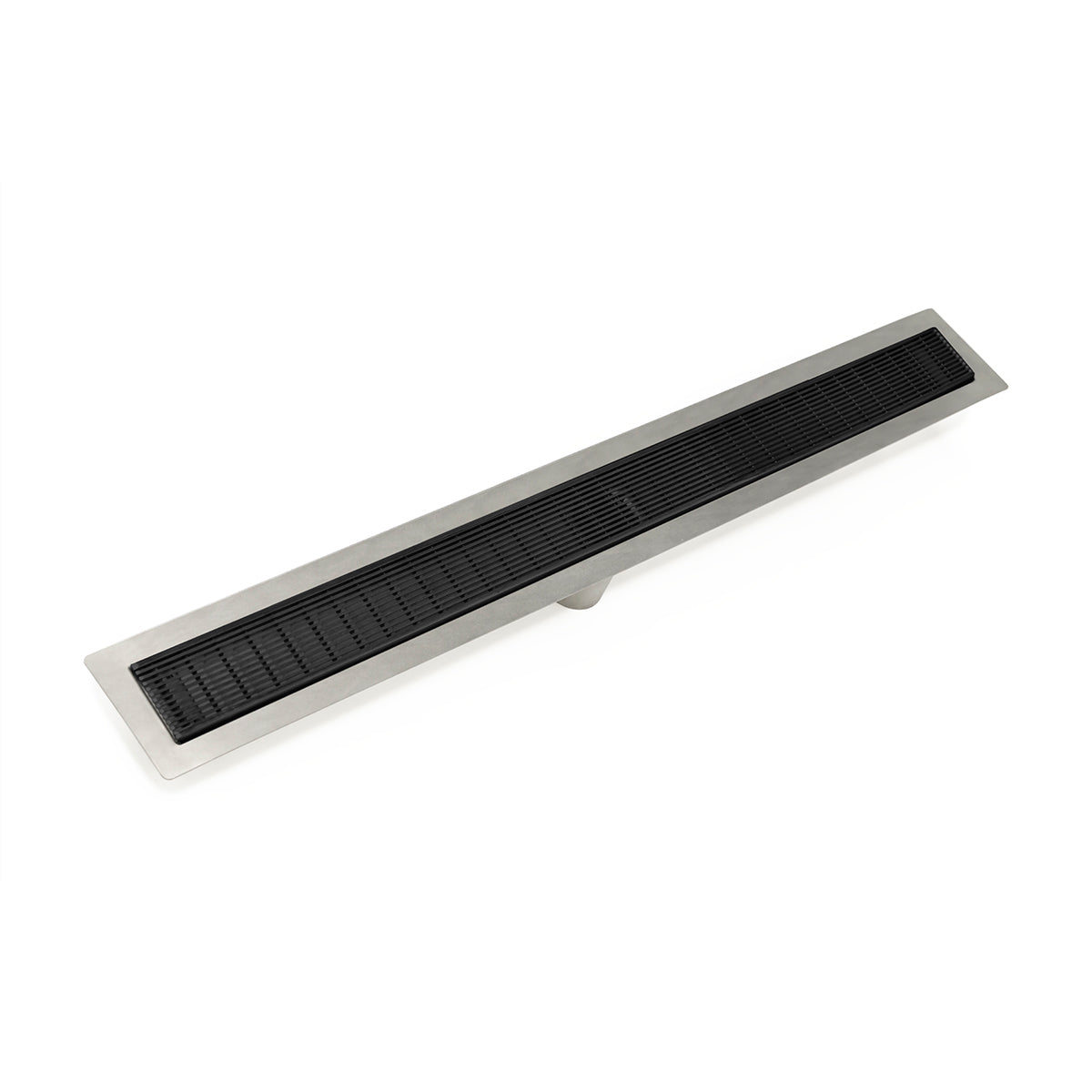 Matte black linear drain with stainless steel frame and horizontal slat grate pattern.