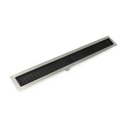 Matte black linear drain with stainless steel frame and slotted grate design for shower installation.