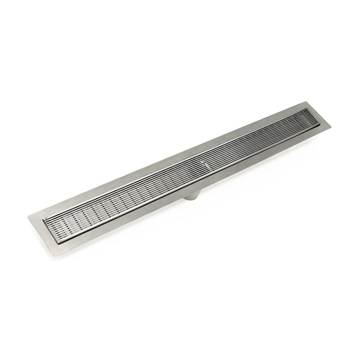 Polished stainless steel linear drain with slotted grate and rectangular frame, 48 inches long.
