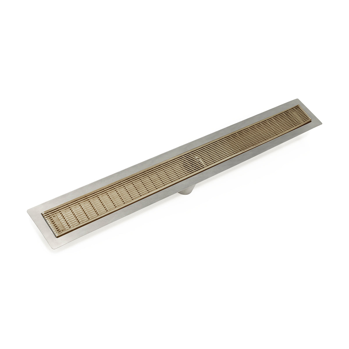 Satin bronze linear drain with slotted grate and stainless steel frame, 32 inches long.