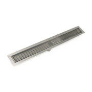 Satin stainless steel linear drain with slotted grate and rectangular shape, 42 inches long.