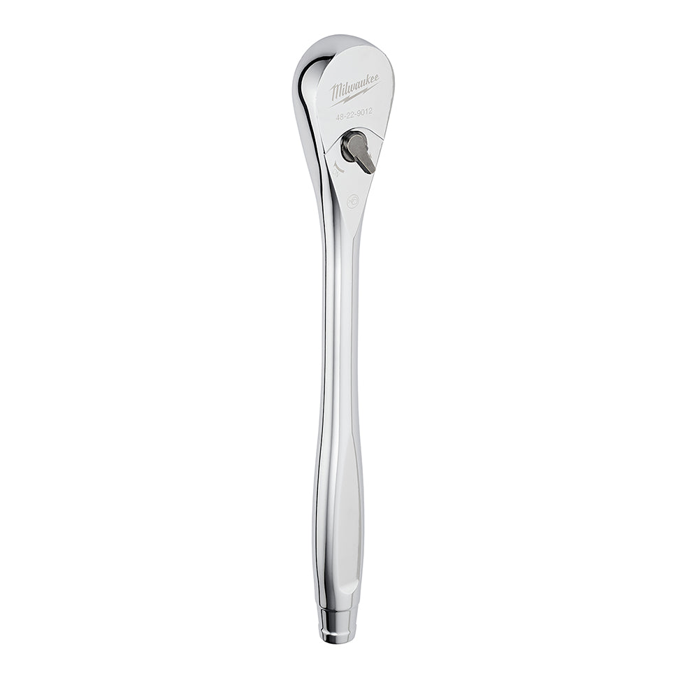 Milwaukee 1/2 in. drive ratchet with chrome finish and oval head featuring release lever.