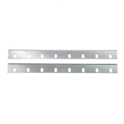 Two metallic planer knives with oval mounting holes spaced along their length.