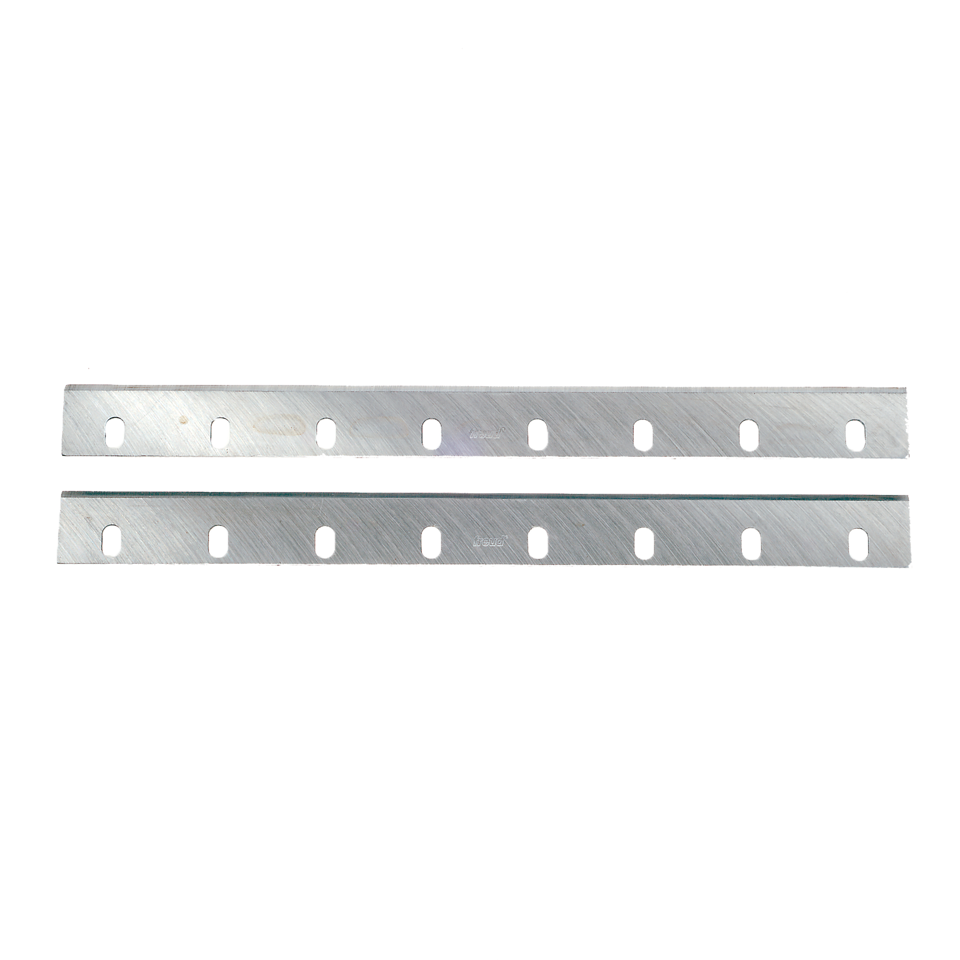Two metallic planer knives with oval mounting holes spaced along their length.