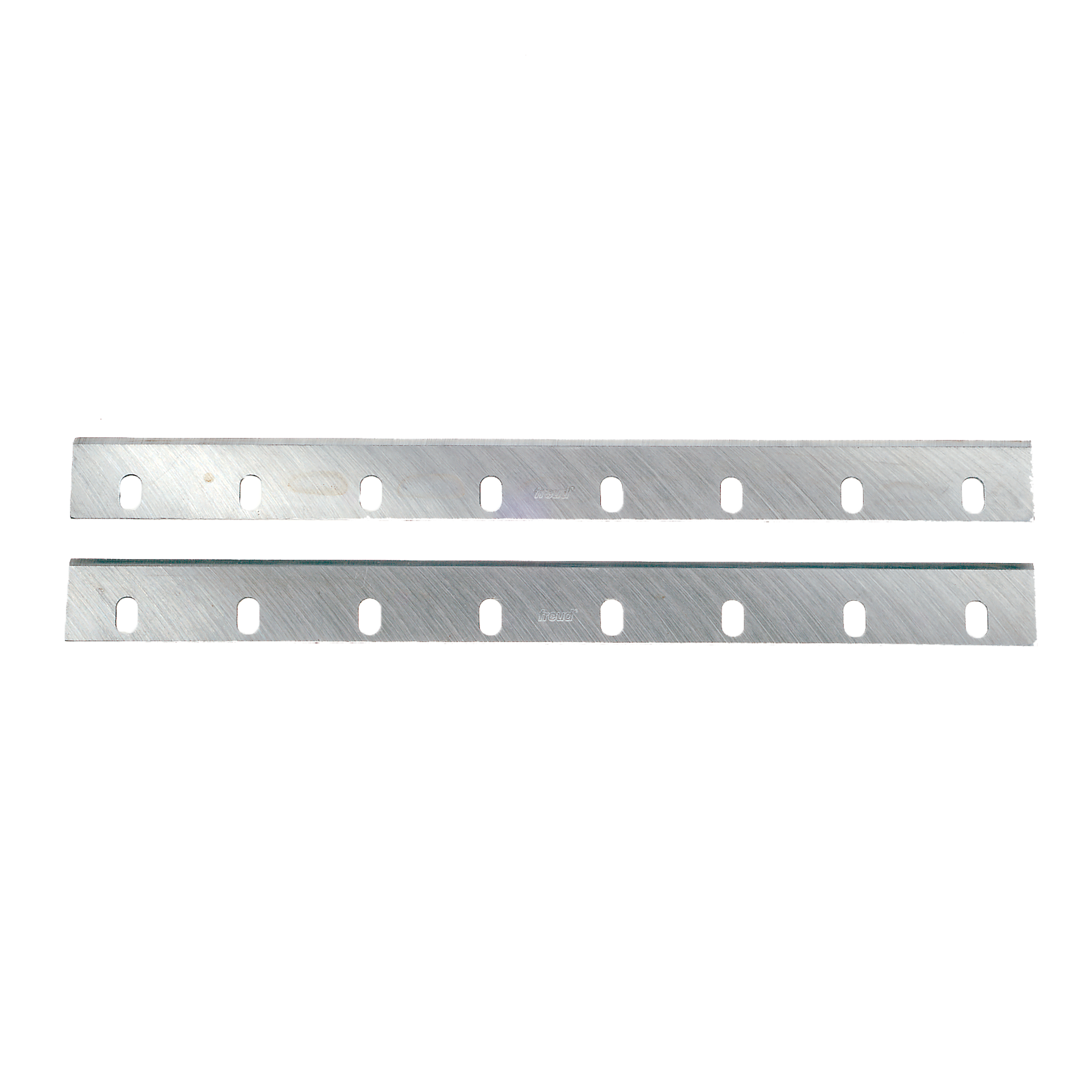 Two metallic planer knives with oval mounting holes spaced along their length.