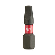 Milwaukee Shockwave impact driver bit with black tip, red band, and hexagonal shank.