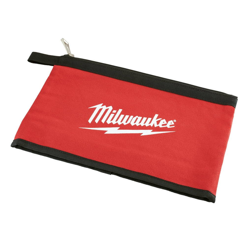 Red and black nylon zipper pouch with Milwaukee logo and carry handle.