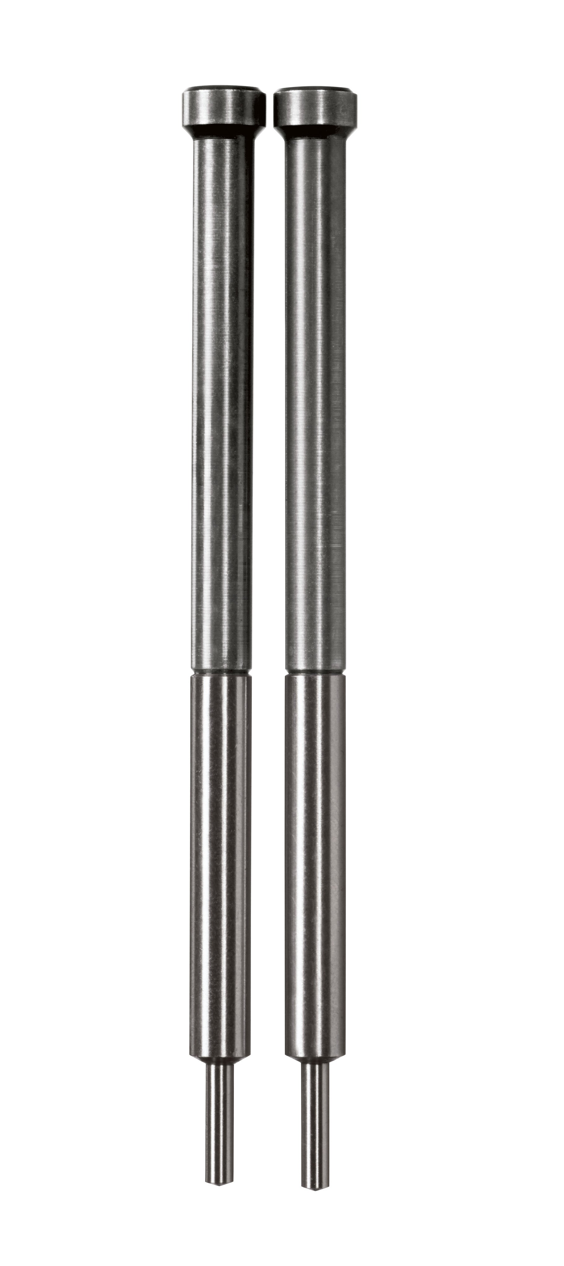 Two steel retracting pilot pins with cylindrical bodies, wider flanged tops, and tapered tips at bottom.