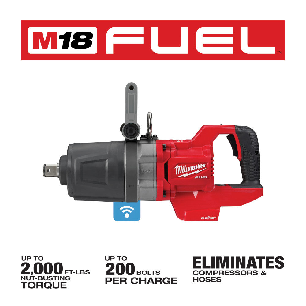 Milwaukee M18 FUEL red and black 1-inch d-handle impact wrench with ONE-KEY connectivity icon visible.