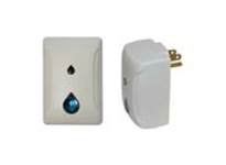 Wireless push button controller and signal repeater with white plastic housing and blue indicator light.