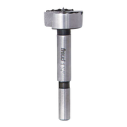 Freud Forstner bit with cylindrical shank, flat cutting head with center point, and serrated rim edges.