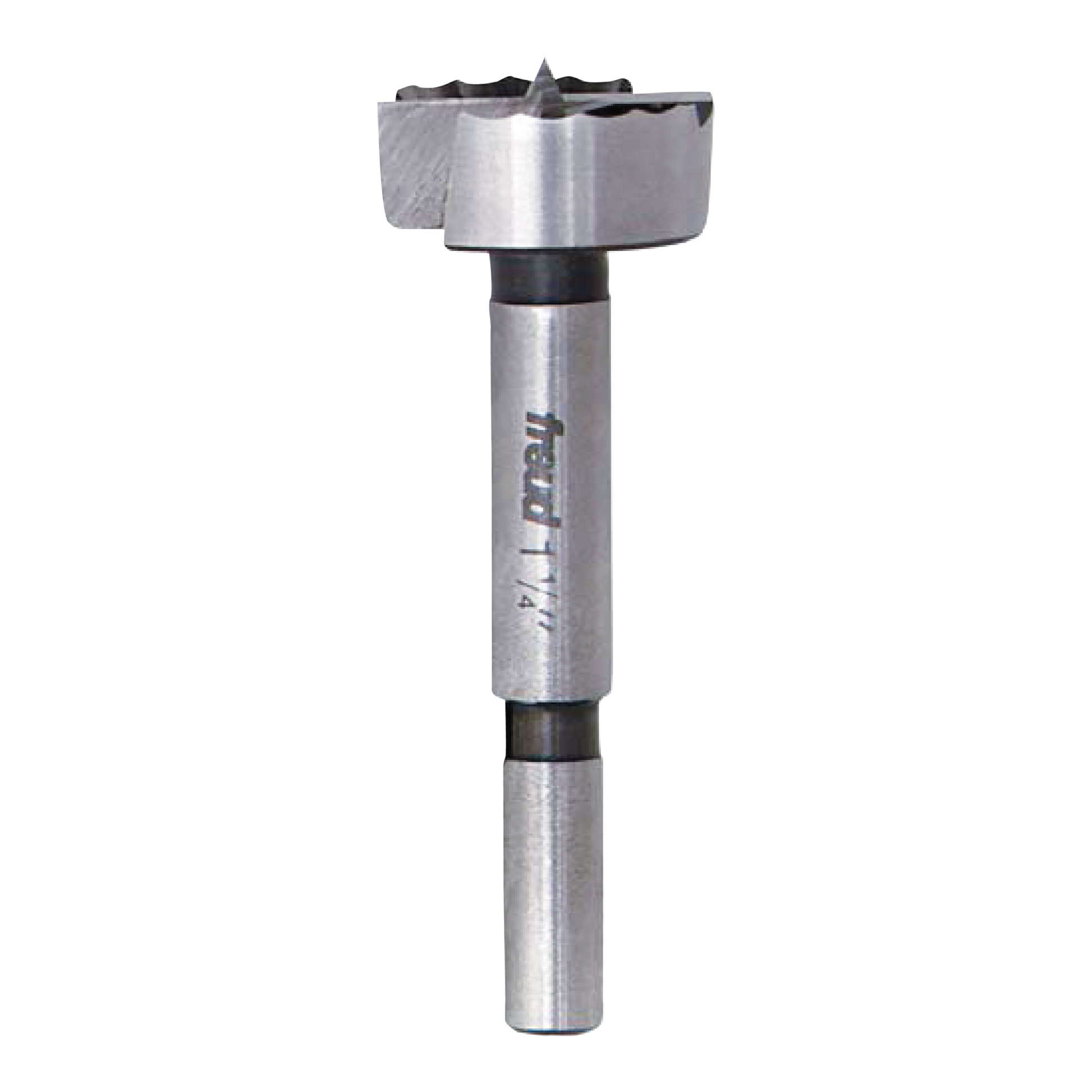 Freud Forstner bit with cylindrical shank, flat cutting head with center point, and serrated rim edges.